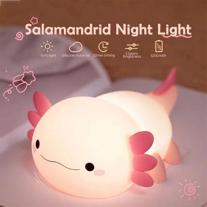 Cute Axolotl Night Light for Kids – Rechargeable Silicone Bedside Lamp
