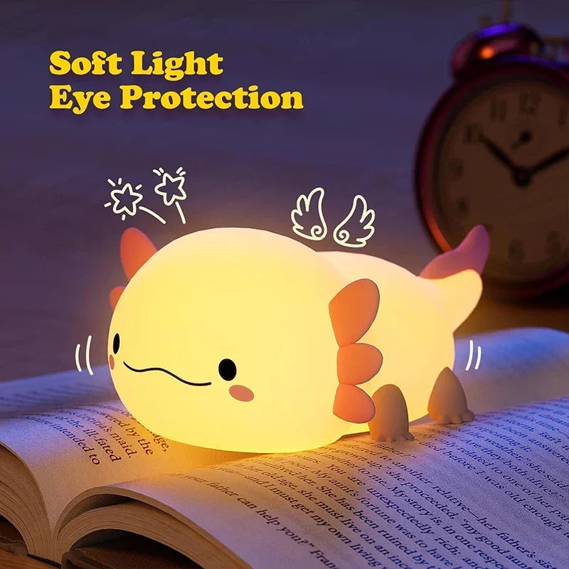 Cute Axolotl Night Light for Kids – Rechargeable Silicone Bedside Lamp