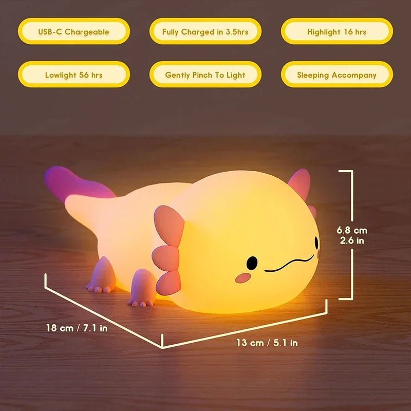 Cute Axolotl Night Light for Kids – Rechargeable Silicone Bedside Lamp